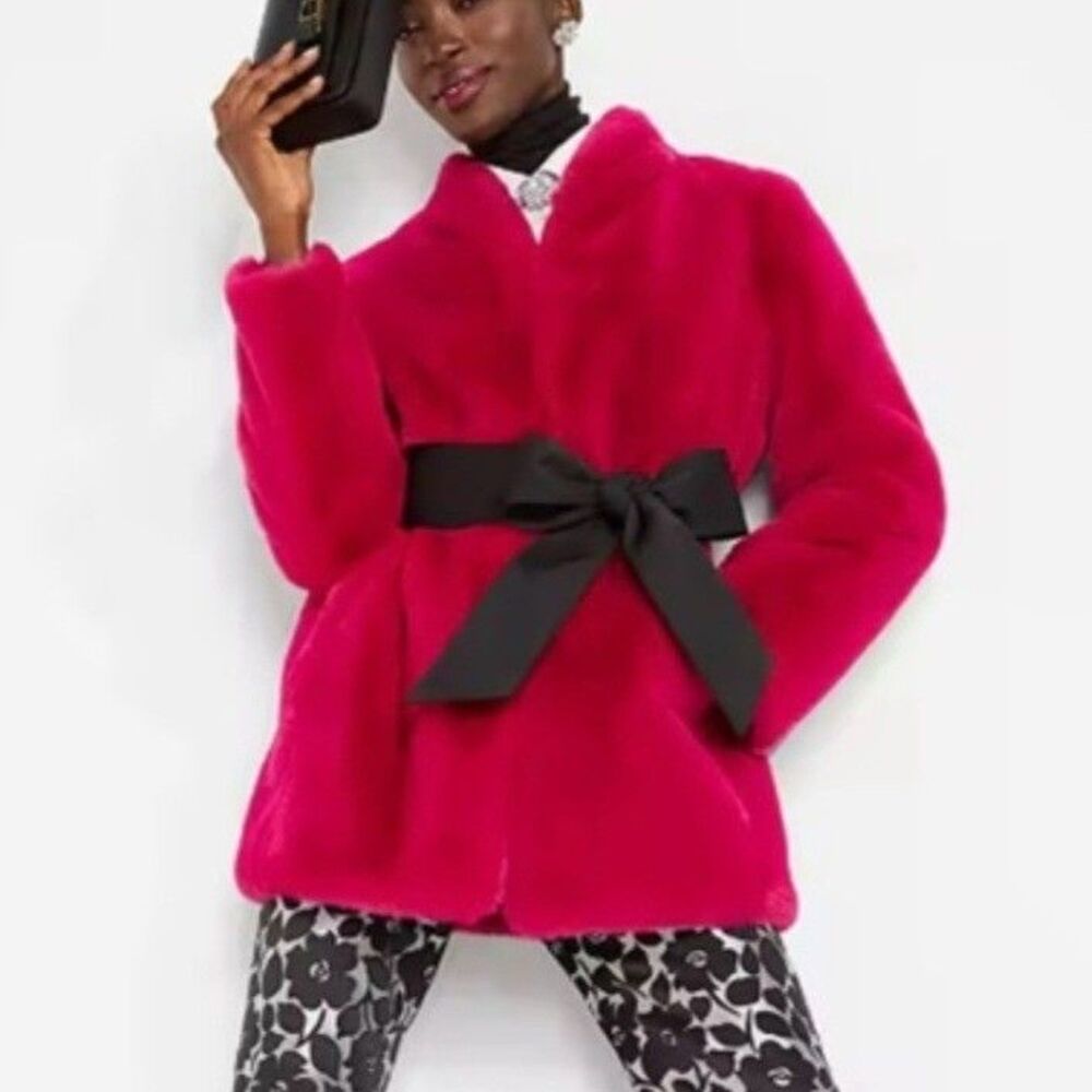 Kate Spade Bow-Waist Faux Fur Coat Rosa Plum Pink Fuchsia Jacket Size L NWOT